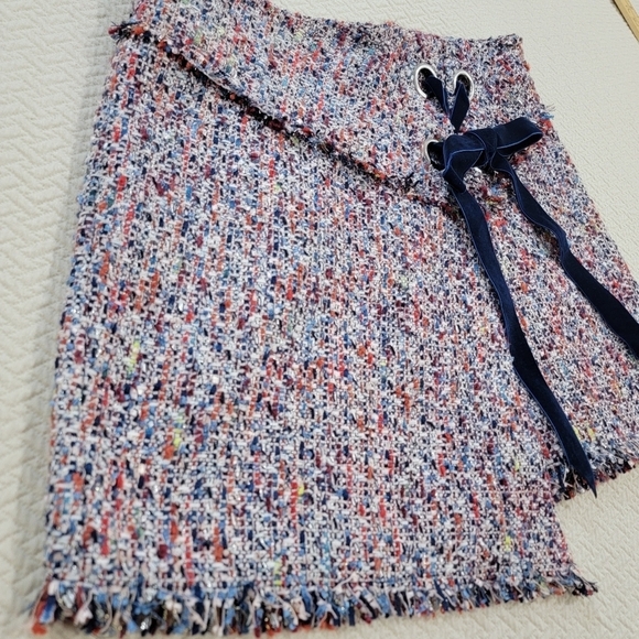 Parker Multi Color Tweed Skirt Velvet Ribbon tie Faux Wrap Size 4 - Picture 5 of 15
